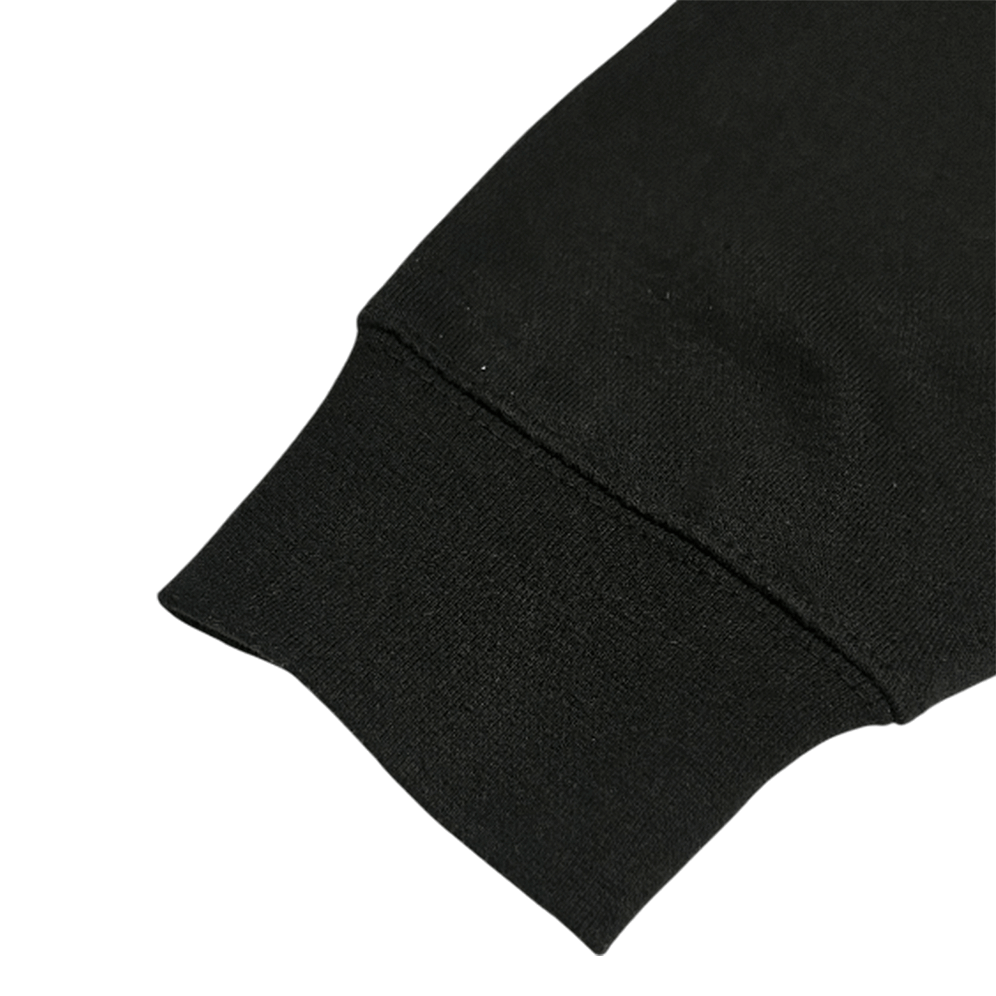Close-up of sleeve detail on Prosper Zip-Up Hoodie (Black) showcasing black fabric and stitching.